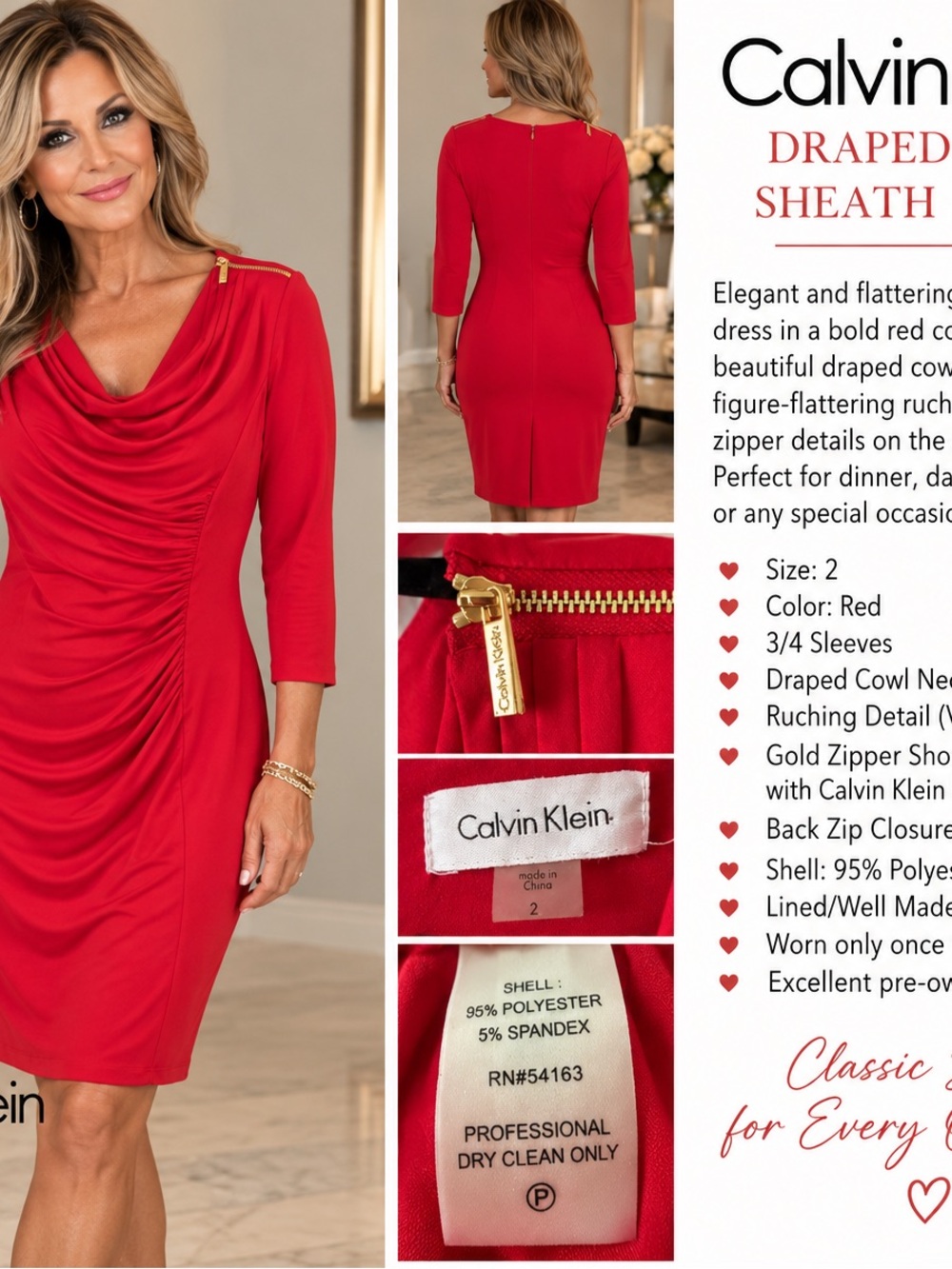Calvin Klein Red Ruched Draped Sheath Dress Gold Zippers Size 2